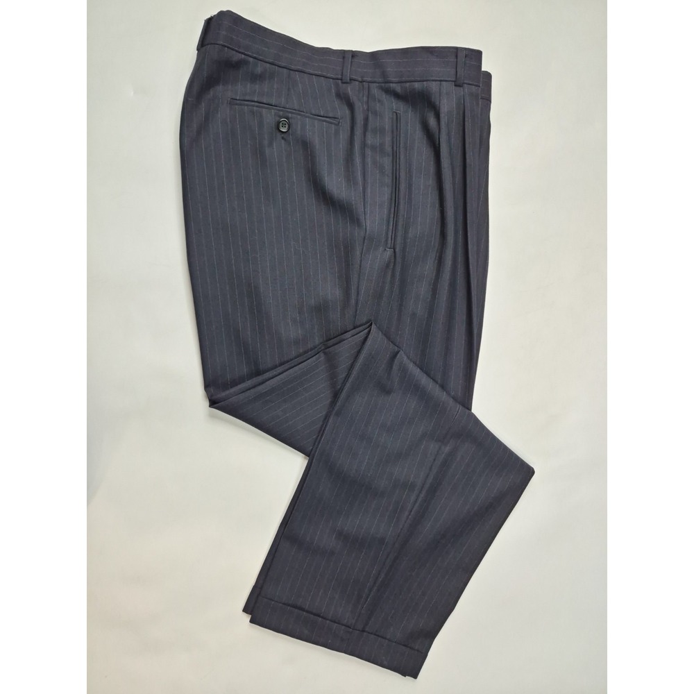 Vtg Hugo Boss Men 38x32 Wool Pleated Dress Pants Blue Stripe Pinstripe Cuffed